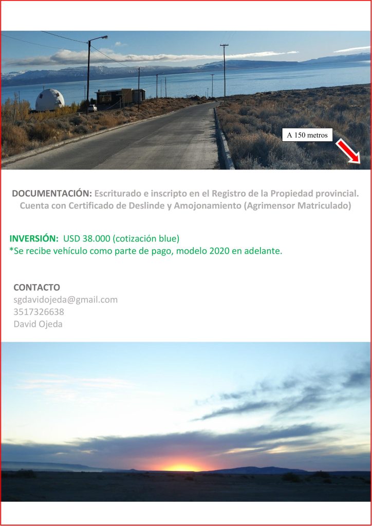 DUEÑO VENDE TERRENO FRENTE AL LAGO B° RESIDENCIAL - EL CALAFATE